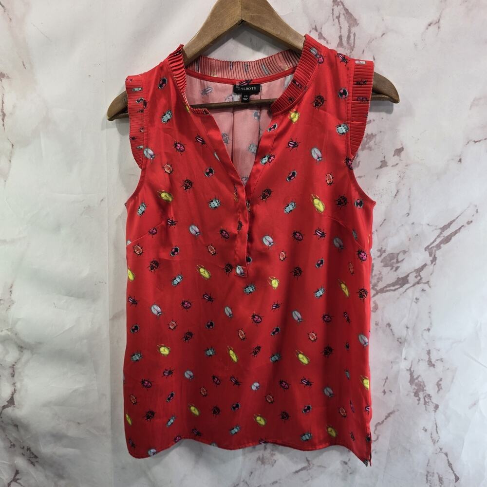 Talbots Shirt Womens XS Red Blouse Tank Bug Beatle V Notch Ladybug Insect
